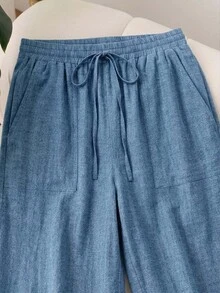 CosyJoli Plus Size Women's Spring/Summer New Blue Textured Pattern Beach Shorts, Suitable For Valentine's Day And Other Occasions, Commuter Fashion, Solid Black Wide Leg Pants With Pockets. Beach Vacation/College Student Holiday Essential - Multicolor - View 7