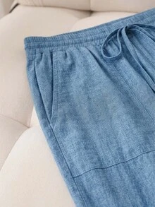 CosyJoli Plus Size Women's Spring/Summer New Blue Textured Pattern Beach Shorts, Suitable For Valentine's Day And Other Occasions, Commuter Fashion, Solid Black Wide Leg Pants With Pockets. Beach Vacation/College Student Holiday Essential - Multicolor - View 5