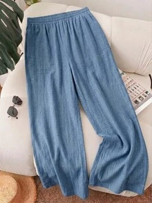 CosyJoli Plus Size Women's Spring/Summer New Blue Textured Pattern Beach Shorts, Suitable For Valentine's Day And Other Occasions, Commuter Fashion, Solid Black Wide Leg Pants With Pockets. Beach Vacation/College Student Holiday Essential - Multicolor - View 3