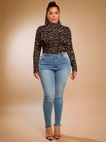 SHEIN SXY Plus Size Women Leopard Print Turtleneck Fitted T-Shirt, Casual & Minimalist, Spring/Autumn Cheetah Top Turtle Neck Animal Spring Fall - Multicolor - View 7