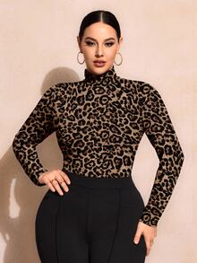 SHEIN SXY Plus Size Women Leopard Print Turtleneck Fitted T-Shirt, Casual & Minimalist, Spring/Autumn Cheetah Top Turtle Neck Animal Spring Fall - Multicolor - View 6