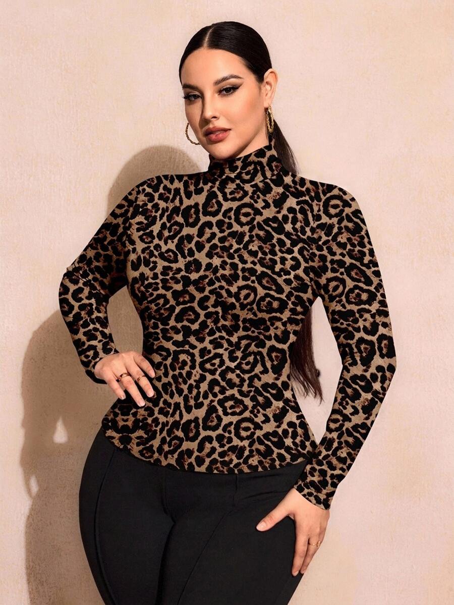 SHEIN SXY Plus Size Women Leopard Print Turtleneck Fitted T-Shirt, Casual & Minimalist, Spring/Autumn Cheetah Top Turtle Neck Animal Spring Fall - Multicolor - View 1