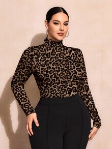 SHEIN SXY Plus Size Women Leopard Print Turtleneck Fitted T-Shirt, Casual & Minimalist, Spring/Autumn Cheetah Top Turtle Neck Animal Spring Fall - Multicolor - View 2