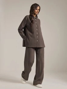 SHEIN Tall Women's Solid Color Long Sleeve Single-Breasted Shirt And Pants Casual 2 Pieces Set - Brown - View 6