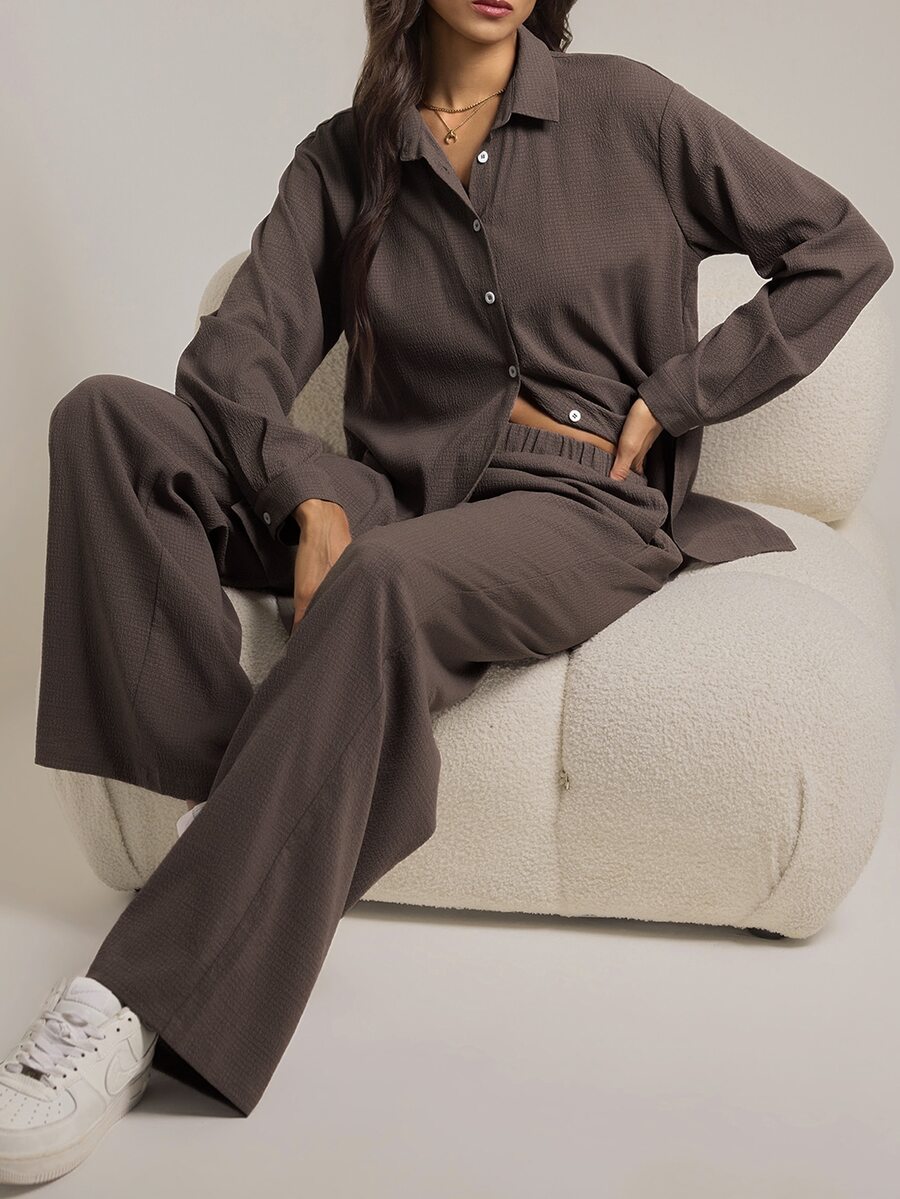 SHEIN Tall Women's Solid Color Long Sleeve Single-Breasted Shirt And Pants Casual 2 Pieces Set - Brown - View 1