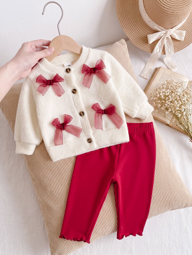 SHEIN Playful Pals 2pcs/Set Newborn Baby Girl Cute Korean Style Faux Fur Long Sleeve Knitted Cardigan Jacket + Red Leggings With Bowknot, Suitable For Autumn/Winter Daily Versatile Wear - Red - View 7