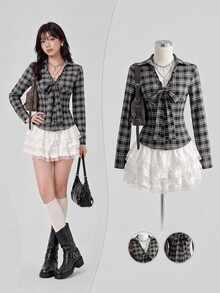 Elamini 女士夏季格子收腰V领衬衫，适合新年派对休闲穿着 - 黑與白 - 查看 1