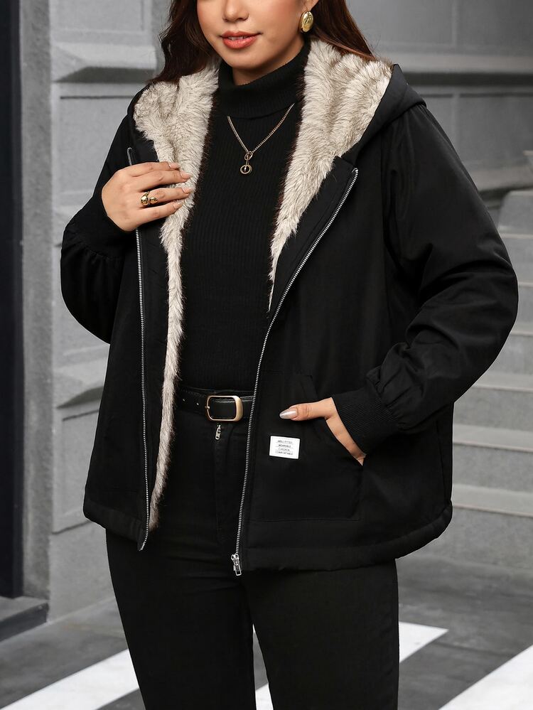 SHEIN Clasi جاكيت نسائي مقاس كبير مبطن حراري كاجوال متعدد الاستخدامات للارتداء اليومي مع بطانية رأس - الأسود - مشاهدة 6