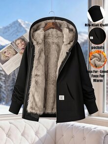 SHEIN Clasi 大尺碼女款保暖內裡休閒百搭日常穿著連帽夾克外套 冬季 - 黑色 - 查看 3
