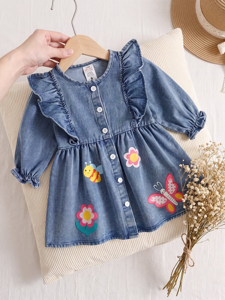 SHEIN Gaun Bayi Perempuan Musim Semi dan Gugur Kasual Bordir Rok Khaki Abu-abu Motif Gaun Celana Kemeja - Medium Wash - View 5
