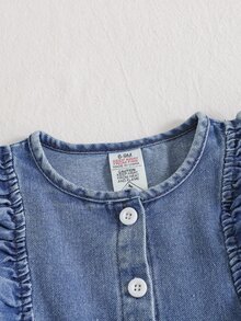 SHEIN 女嬰春季秋季休閒刺繡印花洋裝套裝，卡其灰色裙子褲裝襯衫連身裙 - 中等水洗藍 - 查看 7