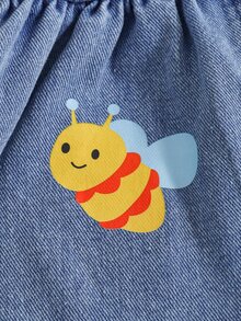 SHEIN 女嬰春季秋季休閒刺繡印花洋裝套裝，卡其灰色裙子褲裝襯衫連身裙 - 中等水洗藍 - 查看 6