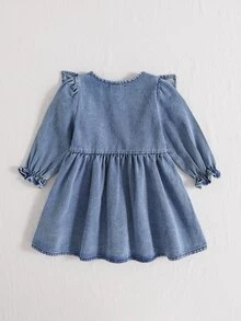 SHEIN 女嬰春季秋季休閒刺繡印花洋裝套裝，卡其灰色裙子褲裝襯衫連身裙 - 中等水洗藍 - 查看 2
