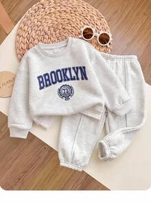 SHEIN Baby Girl Fall Cute Versatile Letter Print 2 In 1 Pullover Sweatshirt Casual Modest Sports Long Pants Set Thermal Lined Brushed Thick Fabric White - Grey - View 1
