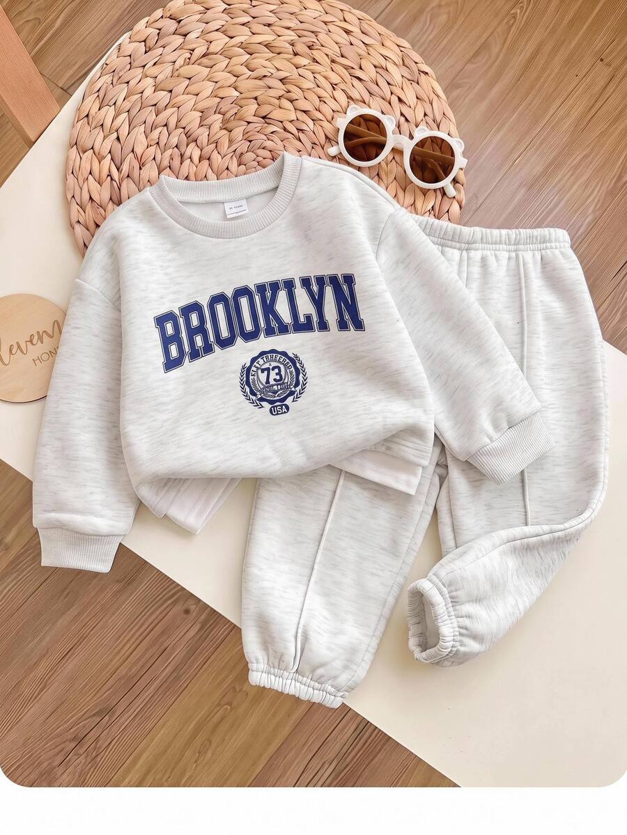 SHEIN Baby Girl Fall Cute Versatile Letter Print 2 In 1 Pullover Sweatshirt Casual Modest Sports Long Pants Set Thermal Lined Brushed Thick Fabric White - Grey - View 1