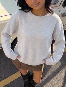 1件女款套頭毛衣，簡約百搭圓領淺灰色短款落肩燈籠長袖，休閒學院風，適中厚度，整齊下擺，緊口袖口，柔軟親膚，單穿好看，適合日常穿著、上學、外出、購物、聚會等，秋冬穿搭 - 彩色 - 查看 1