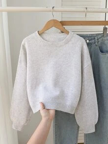 1件女款套頭毛衣，簡約百搭圓領淺灰色短款落肩燈籠長袖，休閒學院風，適中厚度，整齊下擺，緊口袖口，柔軟親膚，單穿好看，適合日常穿著、上學、外出、購物、聚會等，秋冬穿搭 - 彩色 - 查看 7