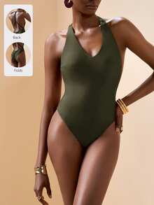 Zivah Women's Solid Color Halter One-Piece Swimsuit, Suitable For Beach Vacation, Pool Party, Beach Party One Piece Swimsuit Women - Army Green - View 7