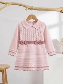 Souflis Souflis Gaun Bayi Perempuan Warna Pink Kerah Peter Pan Lengan Panjang Rajut Motif Kabel Bergaris dengan Detail Pita - Berwarna merah muda - View 8