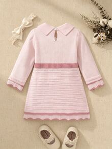 Souflis Souflis Gaun Bayi Perempuan Warna Pink Kerah Peter Pan Lengan Panjang Rajut Motif Kabel Bergaris dengan Detail Pita - Berwarna merah muda - View 7
