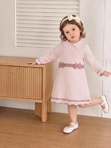 Souflis Souflis Gaun Bayi Perempuan Warna Pink Kerah Peter Pan Lengan Panjang Rajut Motif Kabel Bergaris dengan Detail Pita - Berwarna merah muda - View 1