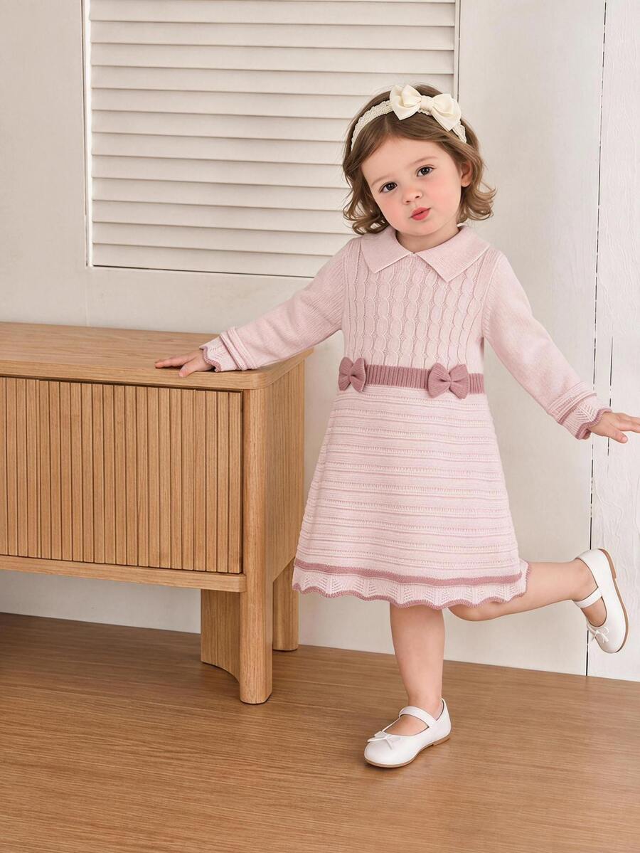 Souflis Souflis Gaun Bayi Perempuan Warna Pink Kerah Peter Pan Lengan Panjang Rajut Motif Kabel Bergaris dengan Detail Pita - Berwarna merah muda - View 1