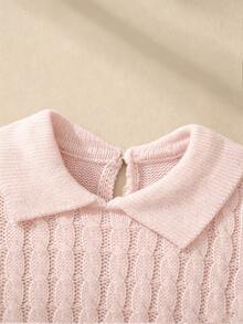 Souflis Souflis Gaun Bayi Perempuan Warna Pink Kerah Peter Pan Lengan Panjang Rajut Motif Kabel Bergaris dengan Detail Pita - Berwarna merah muda - View 4
