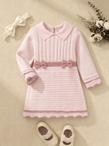 Souflis Souflis Gaun Bayi Perempuan Warna Pink Kerah Peter Pan Lengan Panjang Rajut Motif Kabel Bergaris dengan Detail Pita - Berwarna merah muda - View 2