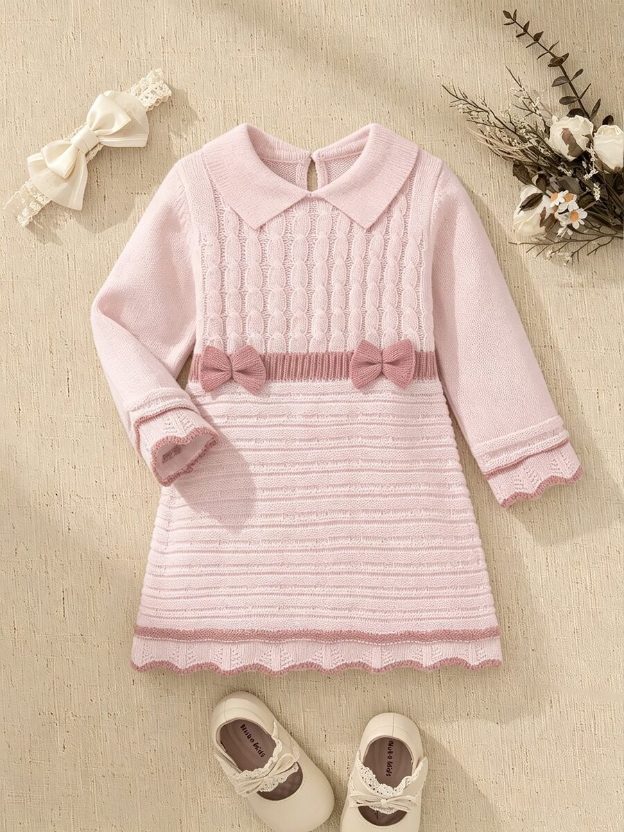 Souflis Souflis Baby Dress Girls Pink Peter Pan Collar Long Sleeve Knit Dress Ribbed Cable Pattern Bow Detail - Pink - View 1