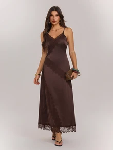 SHEIN Tall Tall Women's Satin Deep V-Neck Open-Back A-Line Dress With Lace Paneling And Fitted Waist - Brown - View 8