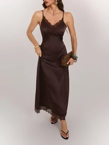 SHEIN Tall Tall Women's Satin Deep V-Neck Open-Back A-Line Dress With Lace Paneling And Fitted Waist - Brown - View 6