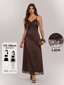 SHEIN Tall Tall Women's Satin Deep V-Neck Open-Back A-Line Dress With Lace Paneling And Fitted Waist - Brown - View 1