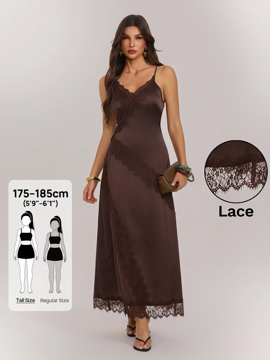 SHEIN Tall Tall Women's Satin Deep V-Neck Open-Back A-Line Dress With Lace Paneling And Fitted Waist - Brown - View 1