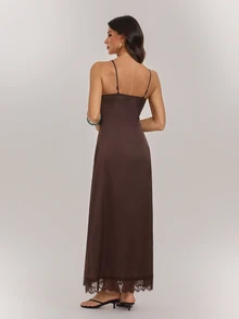 SHEIN Tall Tall Women's Satin Deep V-Neck Open-Back A-Line Dress With Lace Paneling And Fitted Waist - Brown - View 2