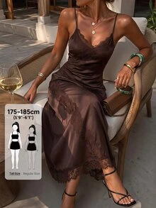 SHEIN Tall Tall Women's Satin Deep V-Neck Open-Back A-Line Dress With Lace Paneling And Fitted Waist - Brown - View 5