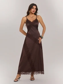 SHEIN Tall Tall Women's Satin Deep V-Neck Open-Back A-Line Dress With Lace Paneling And Fitted Waist - Brown - View 7