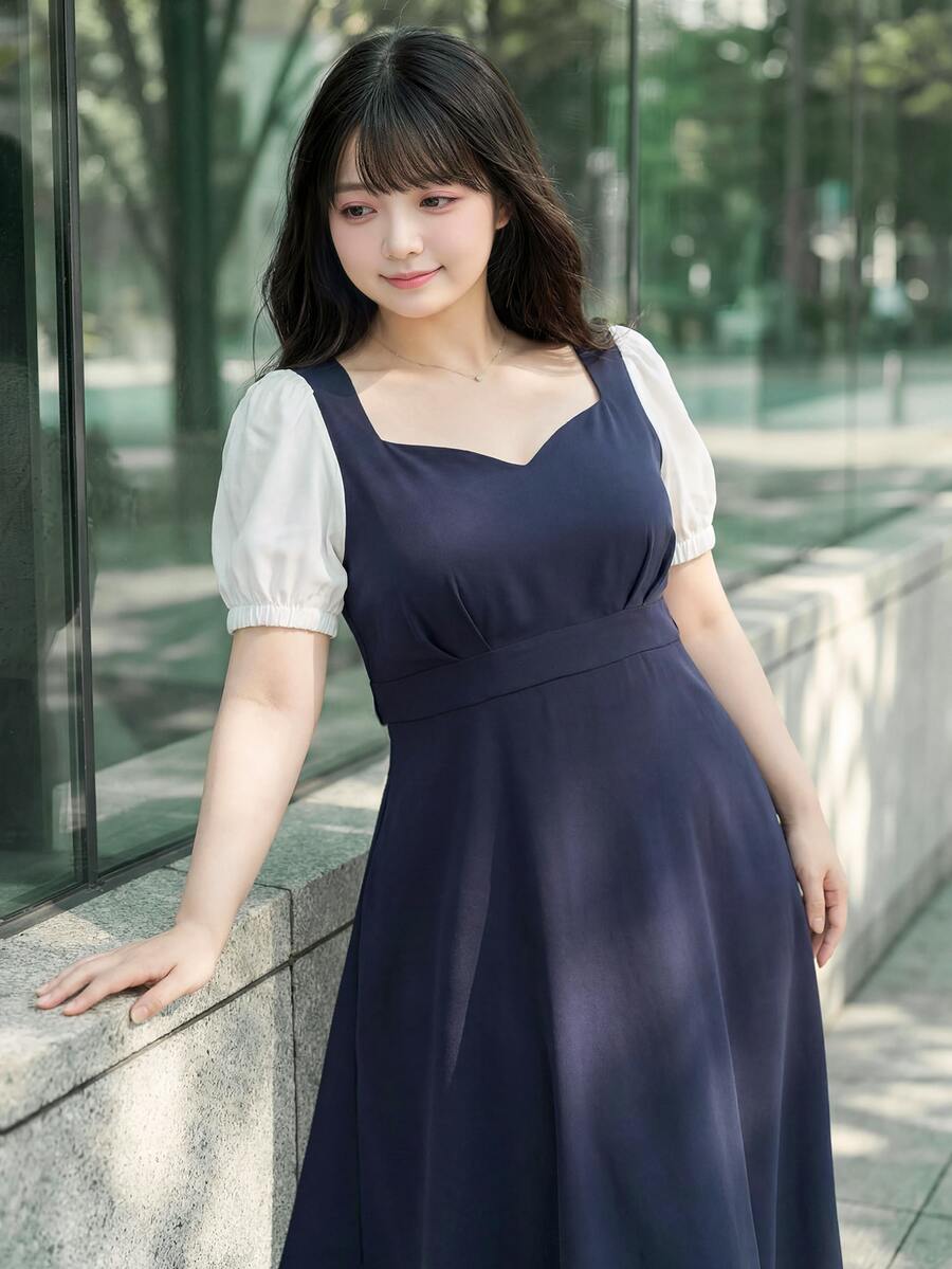 Bijouette 大尺碼女款夏季休閒日常通勤約會出遊配色花瓣袖挖空領收腰洋裝 - 藍白色 - 查看 1