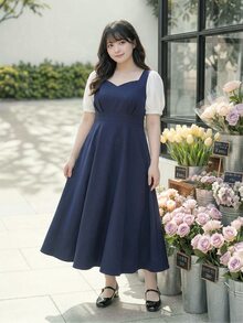 Bijouette 大尺碼女款夏季休閒日常通勤約會出遊配色花瓣袖挖空領收腰洋裝 - 藍白色 - 查看 4