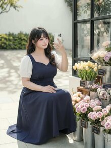 Bijouette 大尺碼女款夏季休閒日常通勤約會出遊配色花瓣袖挖空領收腰洋裝 - 藍白色 - 查看 6