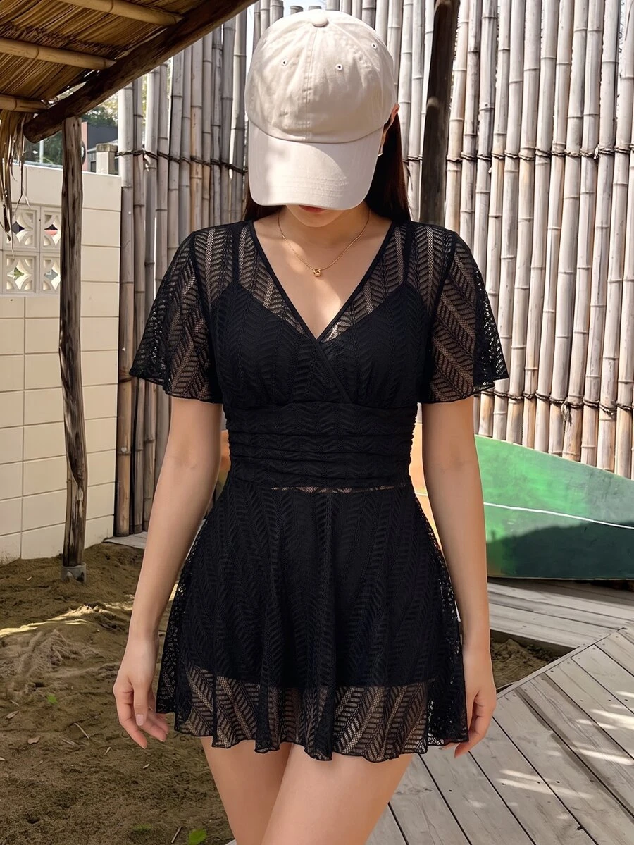Women's Solid Color V-Neck Mesh Short Sleeve Casual Swimsuit Cover Up Dress For Vacation Summer - Black - View 1