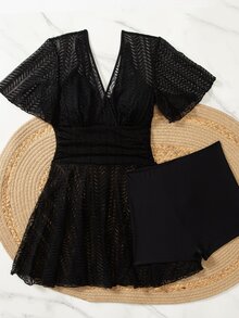 Women's Solid Color V-Neck Mesh Short Sleeve Casual Swimsuit Cover Up Dress For Vacation Summer - Black - View 3