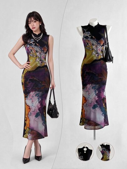 Elamini Gaun Tanpa Lengan Motif Bunga Elegan untuk Wanita, Musim Panas