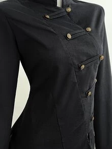 Elamini 女款秋冬拿破崙風「新中式」復古棉質夾克外套－黑色，立領，金屬鈕扣，收腰開襟設計 - 黑色 - 查看 7