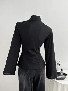 Elamini 女款秋冬拿破崙風「新中式」復古棉質夾克外套－黑色，立領，金屬鈕扣，收腰開襟設計 - 黑色 - 查看 2