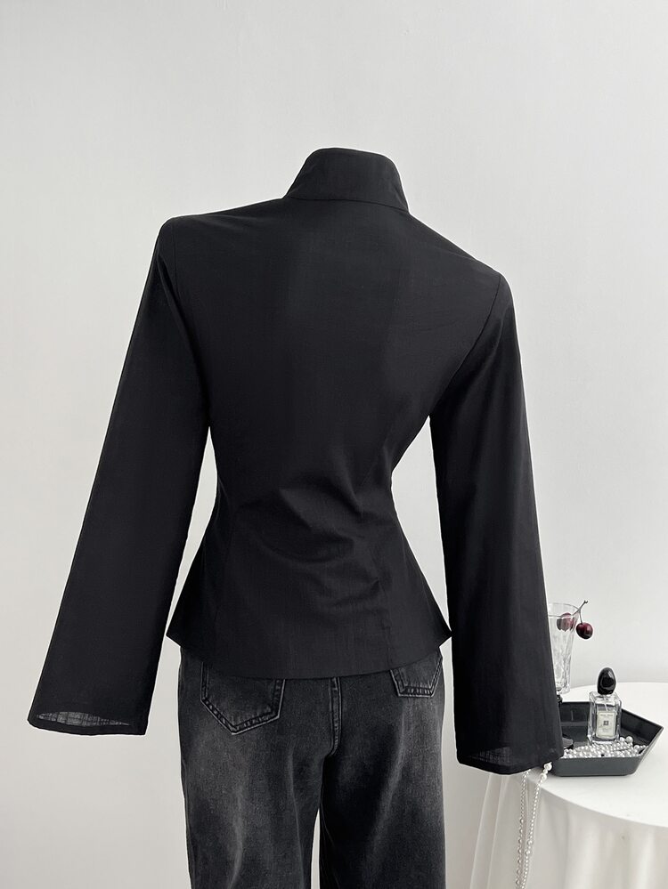 Elamini Women's Napoleon-Style "New Chinese" Retro Elegant Cotton Jacket – Black, Stand Collar, Metal Buttons, Waist-Cinching Cardigan Office School - Black - View 2