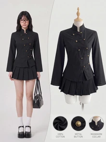 Elamini 女款秋冬拿破崙風「新中式」復古棉質夾克外套－黑色，立領，金屬鈕扣，收腰開襟設計 - 黑色 - 查看 1