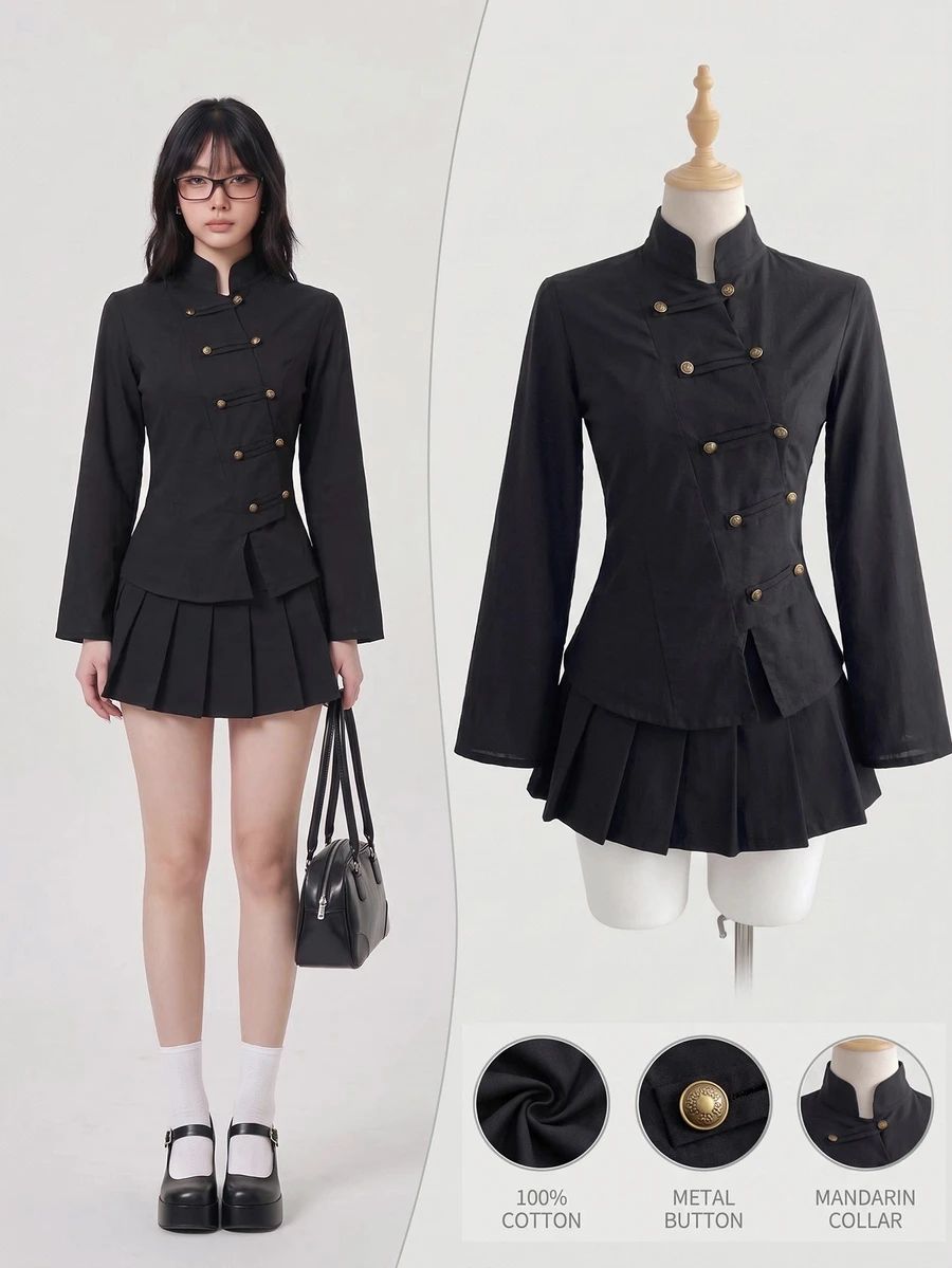 Elamini 女款秋冬拿破崙風「新中式」復古棉質夾克外套-黑色,立領,金屬鈕扣,收腰開襟設計 - 黑色 - 查看 1
