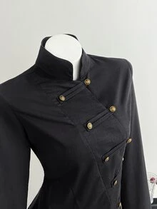 Elamini 女款秋冬拿破崙風「新中式」復古棉質夾克外套－黑色，立領，金屬鈕扣，收腰開襟設計 - 黑色 - 查看 6