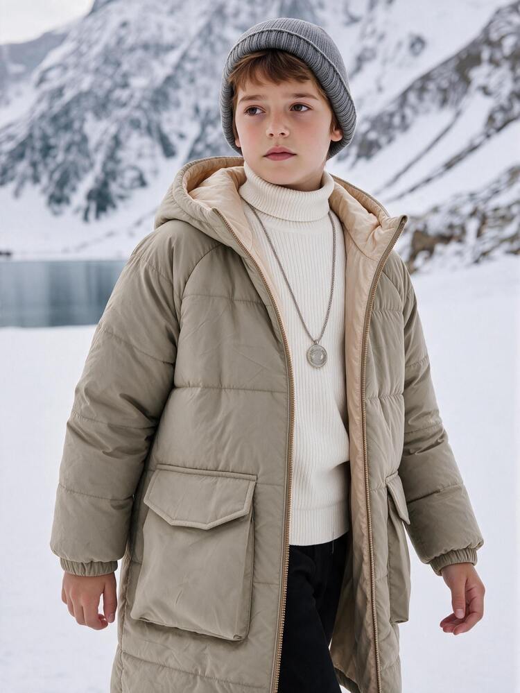 SHEIN Kids Tween Boy Casual Versatile Comfortable Loose Practical Solid Color Zip-Up Hooded Khaki Thermal Lined Thickened Mid-Length Jacket Suitable For Autumn/Winter Down Coat, Padded Coat, Padded Coat, Parka Coat - Khaki - View 2