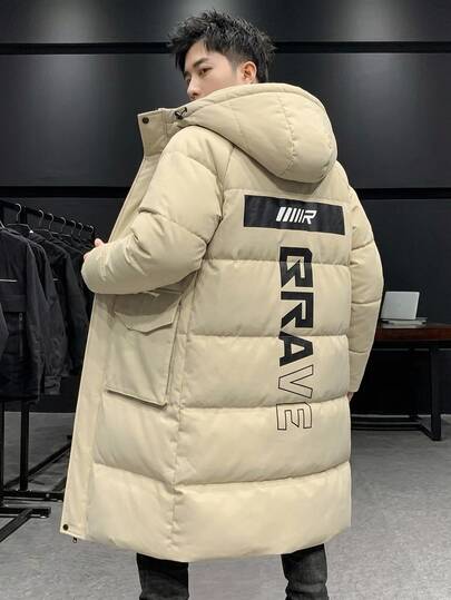 SHEIN Veste mi-longue pour garçon préadolescent, décontractée, polyvalente, confortable, ample, pratique, de couleur unie, zippée, à capuche, kaki, doublée thermique, épaissie, adaptée à l'automne/hiver, manteau en duvet, manteau matelassé, manteau matelassé, manteau parka